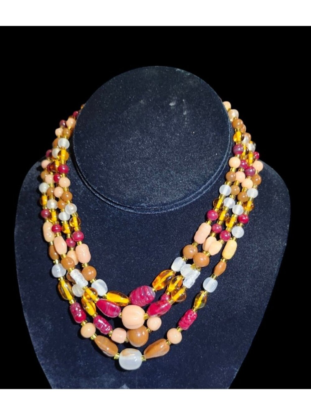 Vintage Multi-Strand Amber Burgundy Cream Beaded Necklace Statement Jewelry - Picture 3 of 9